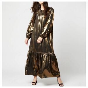 Ann Mashburn Gold Leme Metallic Long Sleeve Tiered Maxi Dress Gown S